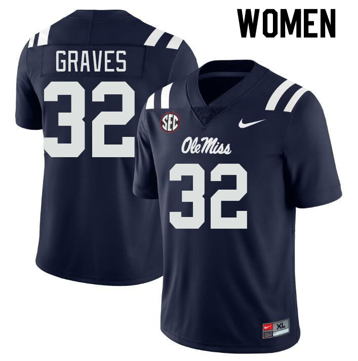 Women #32 Chris Graves Ole Miss Rebels College Football Jerseyes Stitched Sale-Navy